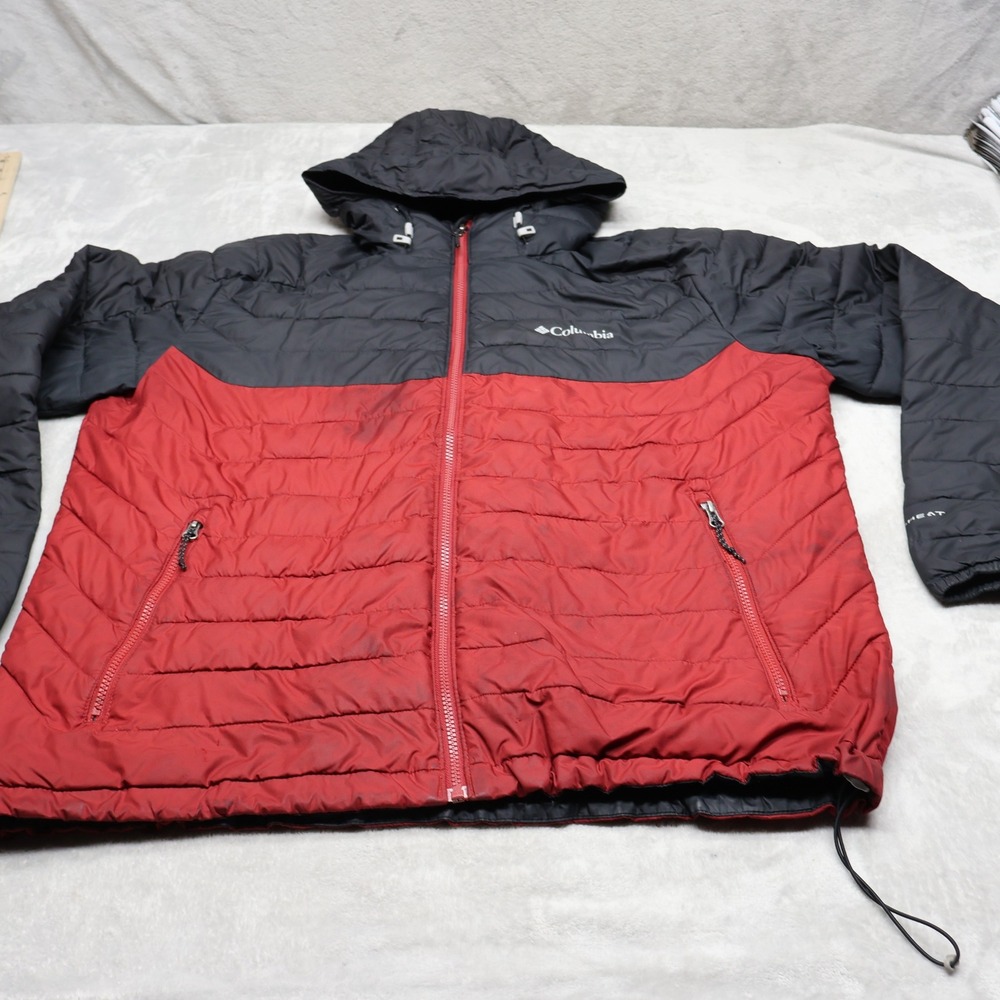 Columbia Jacket Mens XL Red White Out II Insulated Omni Heat Hooded Quilted Puff